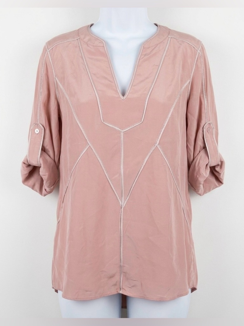 BCBGMaxAzria Blush Pink Silk V-Neck Tunic Top Roll Tab Sleeves Women’s Large
